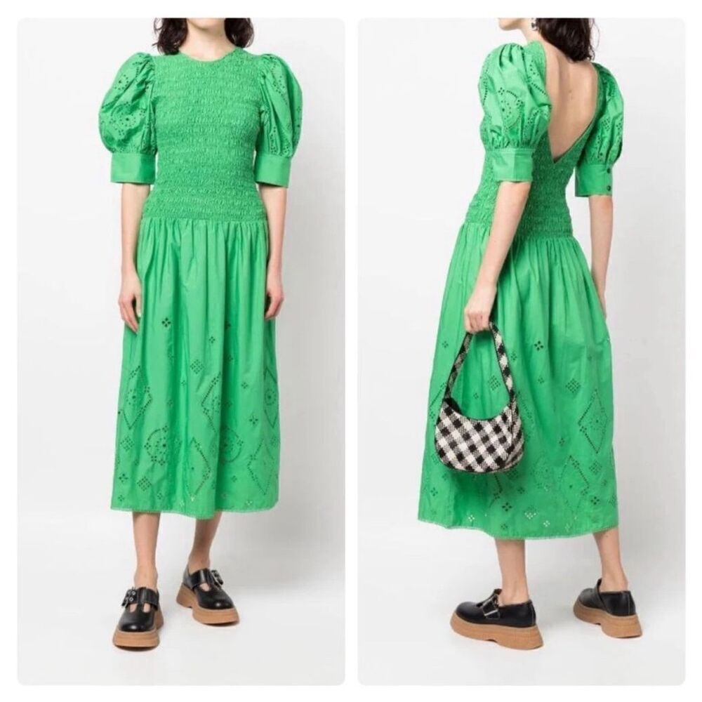 Ganni Broderie Anglaise Cotton Midi Dress in Kelly Green F7208 Women’s 38 / 8 US